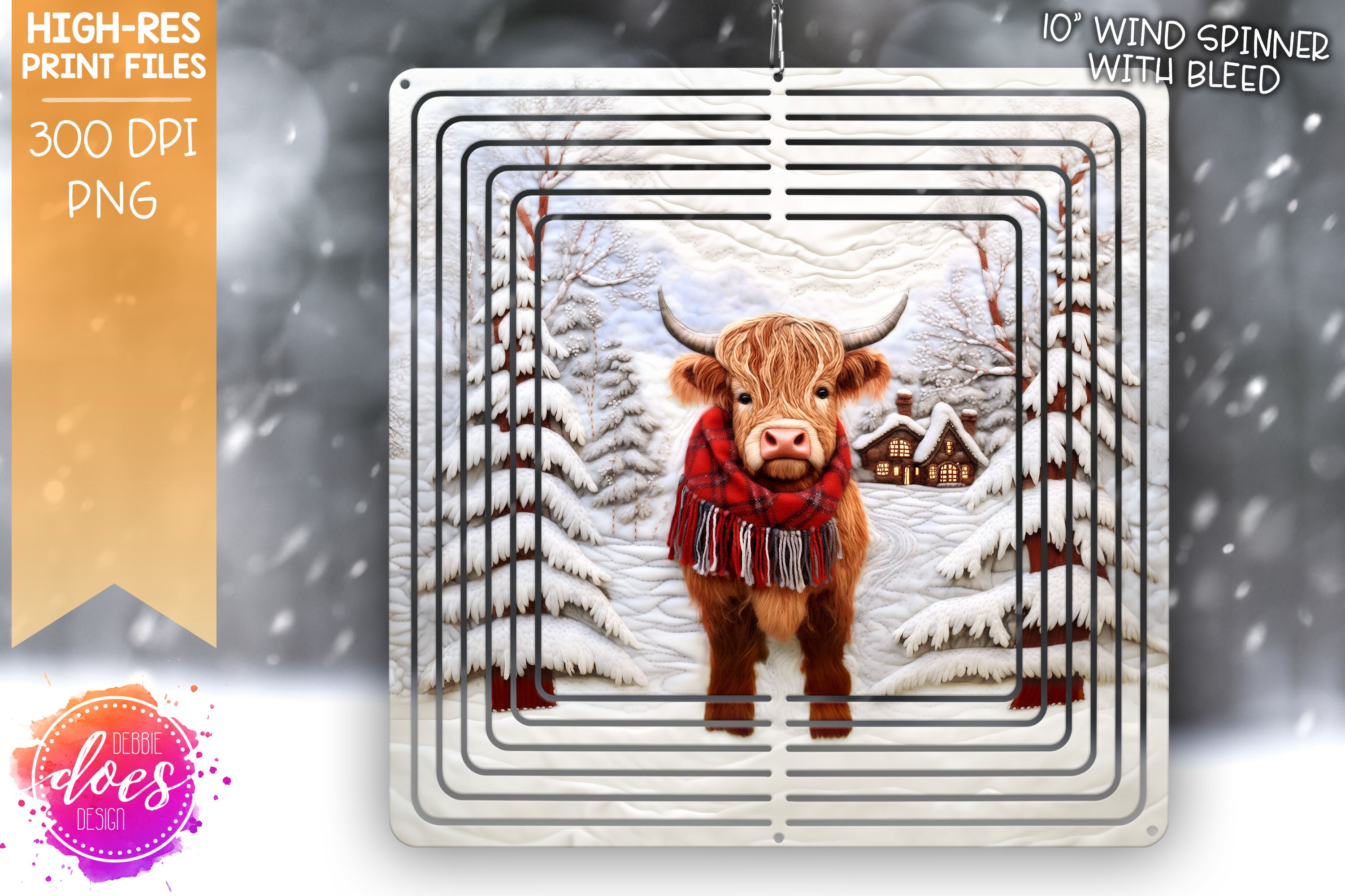 3D Felt Stitched Plaid Scarf Cow - Square Wind Spinner -  Printable/Sublimation Design