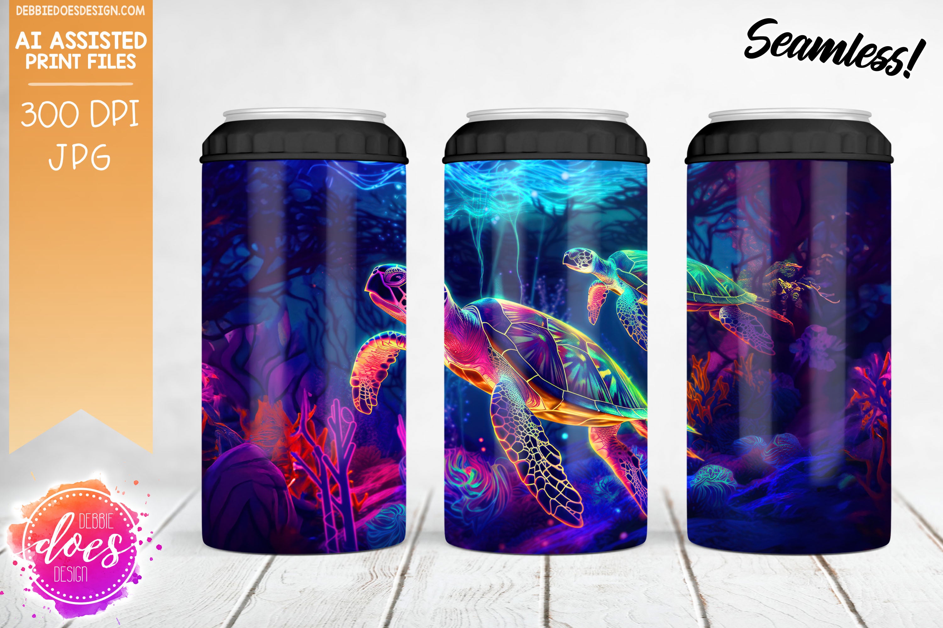 Neon Sea Turtles 2 - 4-in-1 Can Cooler - AI Assisted Printable/Sublima ...