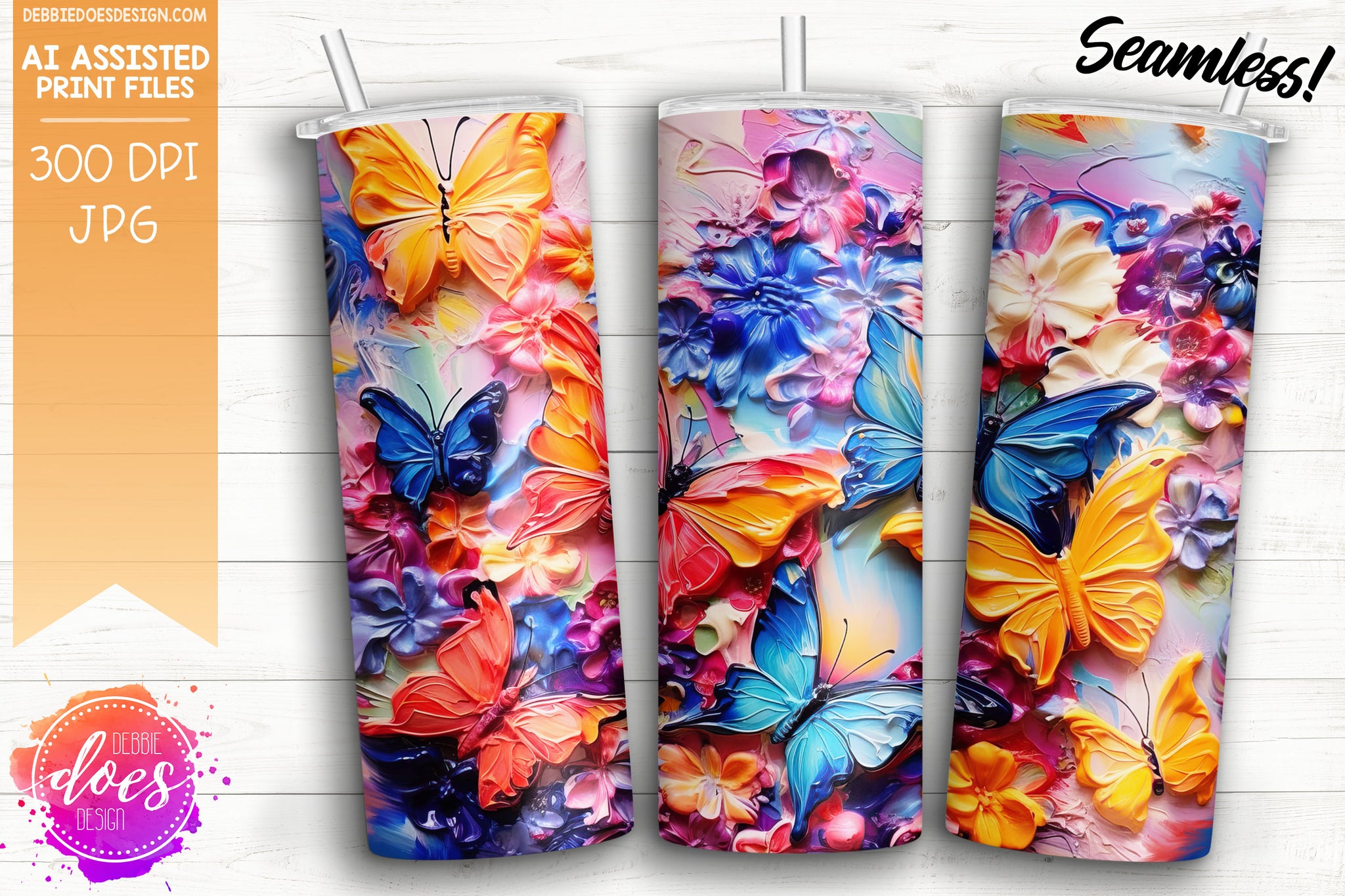 Thick Acrylic Painting - Butterflies and Flowers 1 - Tumbler - Printab ...