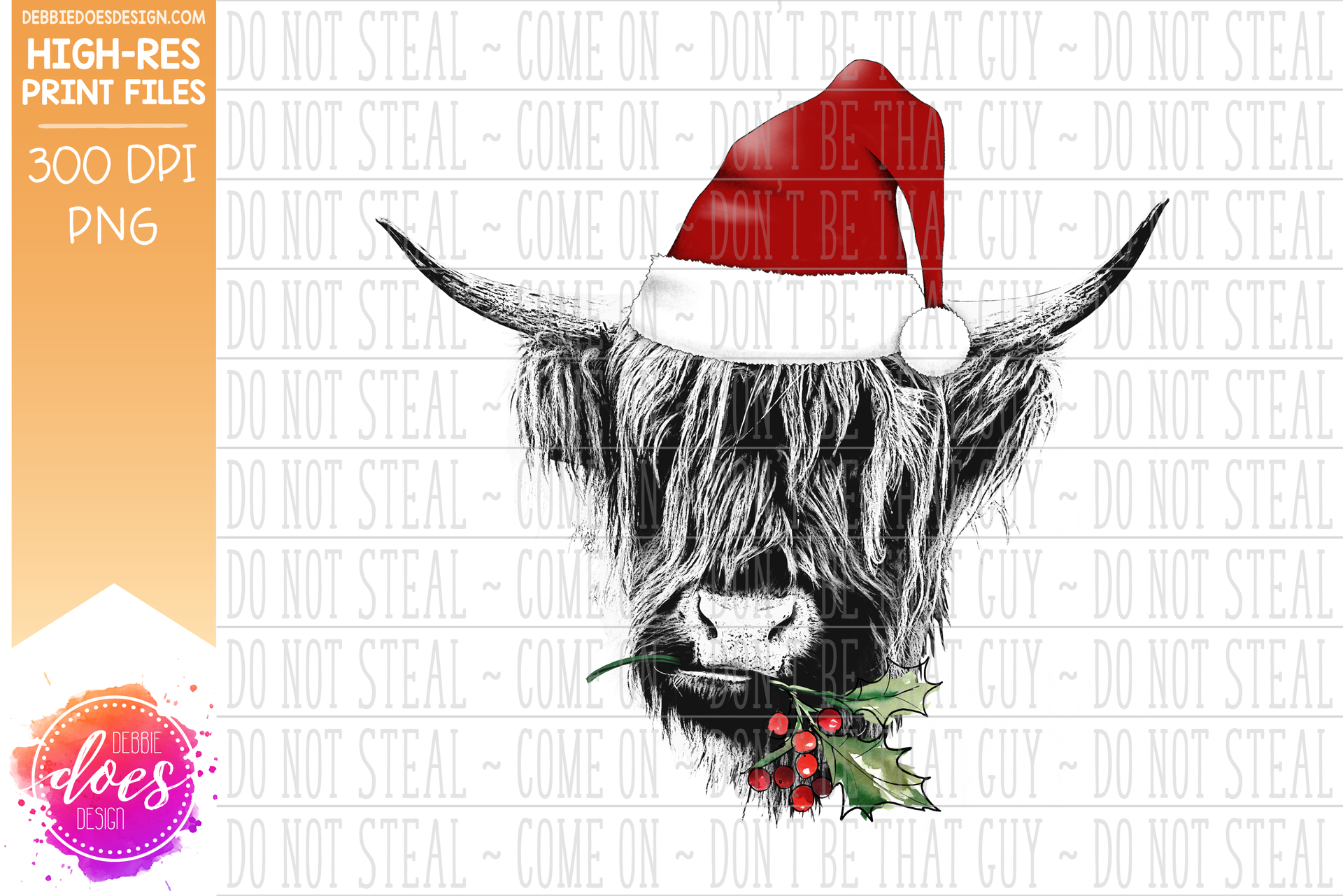 Santa Hat Highland Cow Sketch with Holly - Sublimation/Printable Desig ...