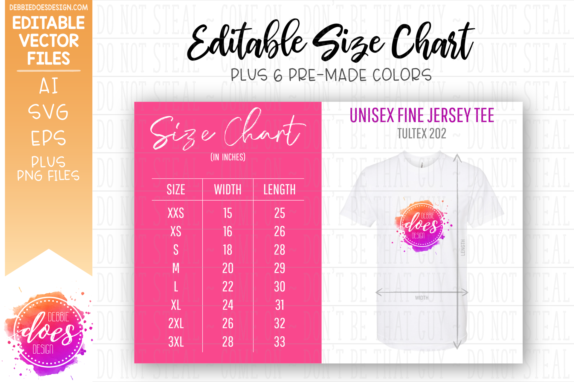 Tultex 202 - Editable Size Chart + 6 Colored PNG Files– Debbie Does Design