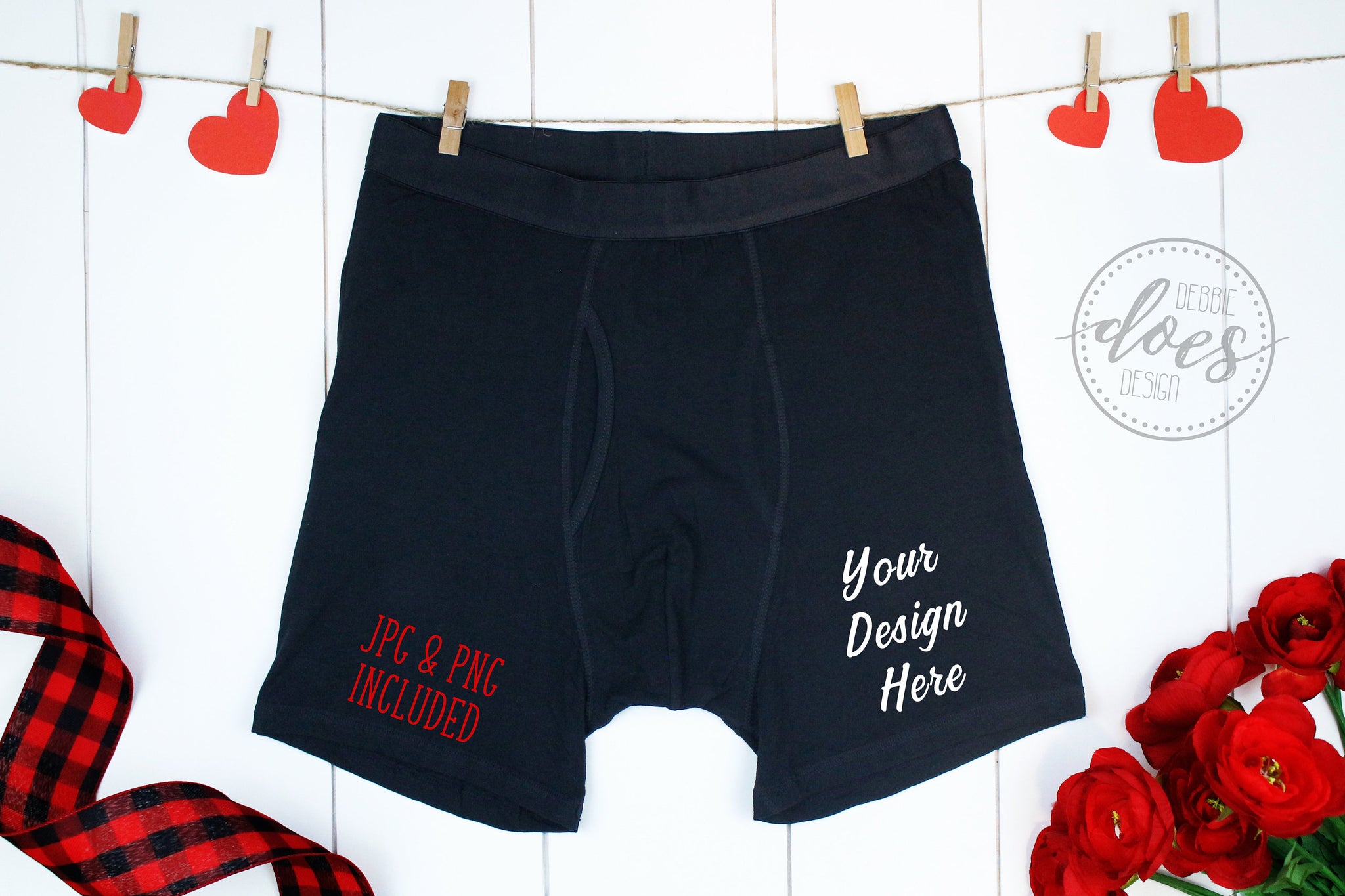 Black Boxer Briefs Mockup with Hearts and Roses– Debbie Does Design